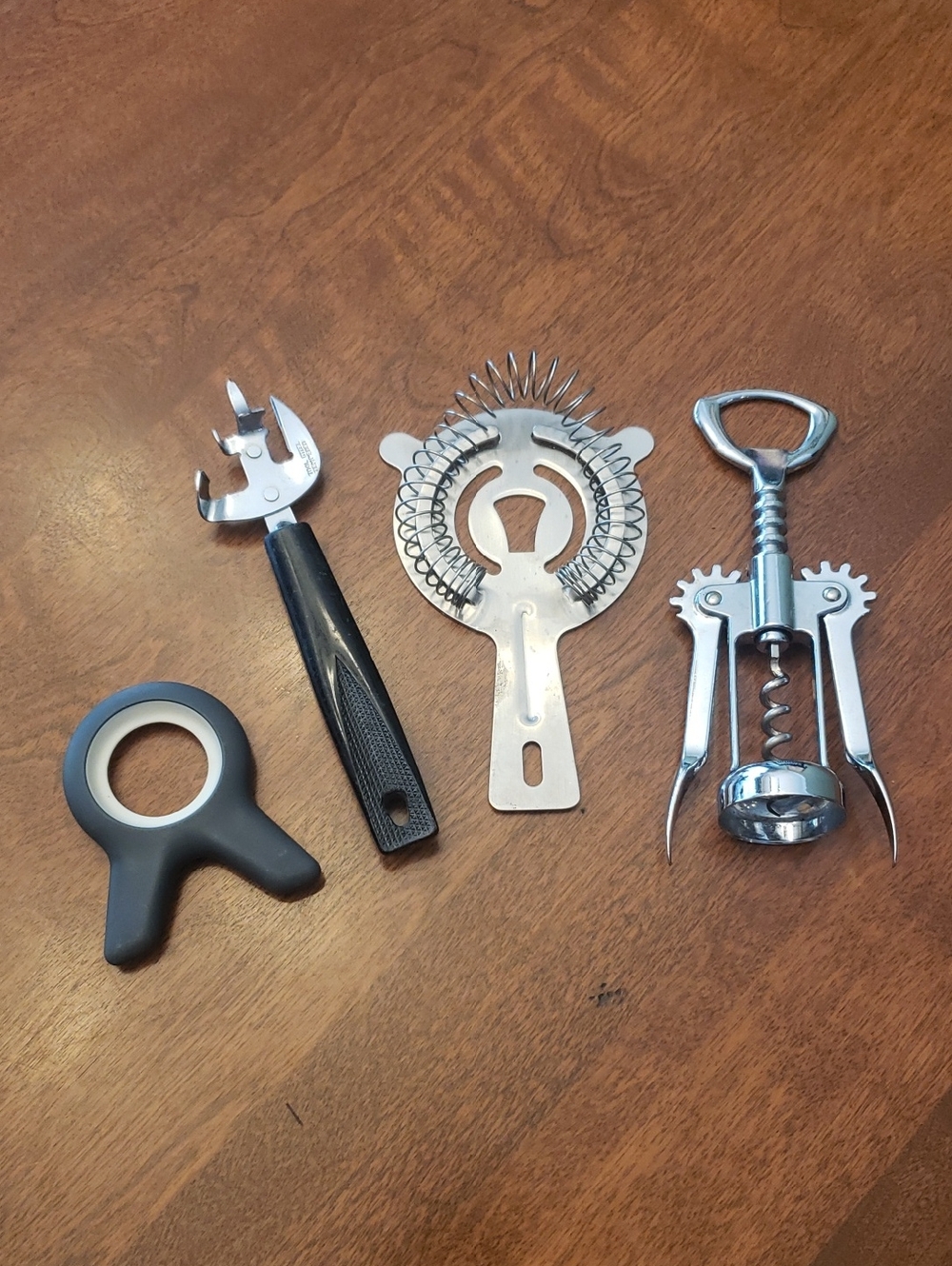 Bar and Bottle Opener Set with Corkscrew and Strainer -(4 pieces) Black & Silver